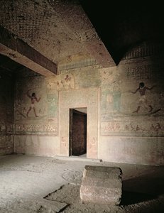 The Tomb of Khnumhotep III with wall paintings showing Khnumhotep and his wife fishing and fowling in papyrus swamp, Middle Kingdom